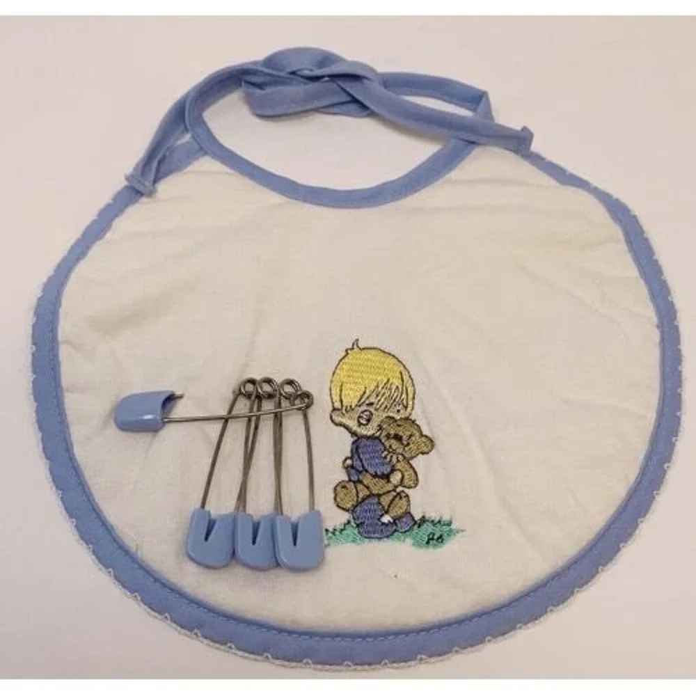FREE w/Bundle Precious Moments Baby Boy Bib One Size Blue Purple Bear Pins 2006